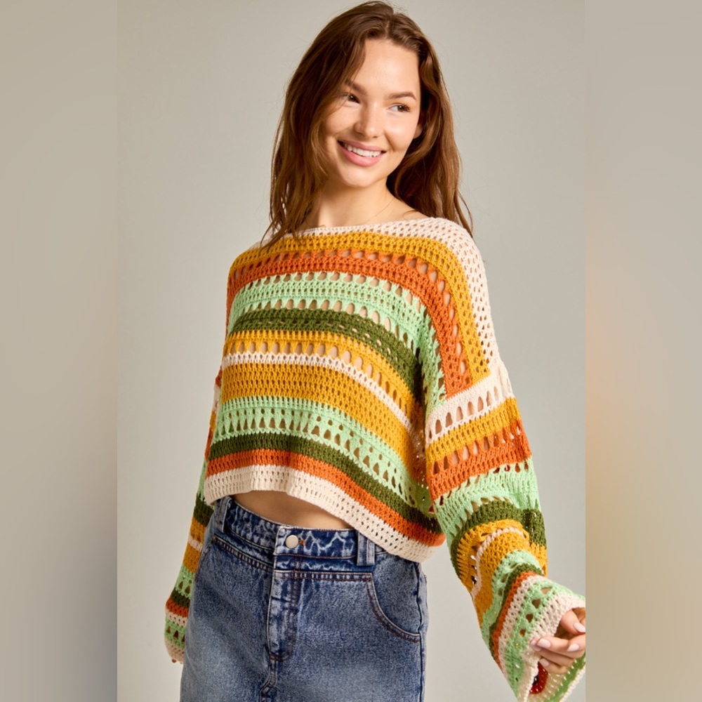 Multicolor Striped Crochet Knit Sweater Top - Picture 2 of 6